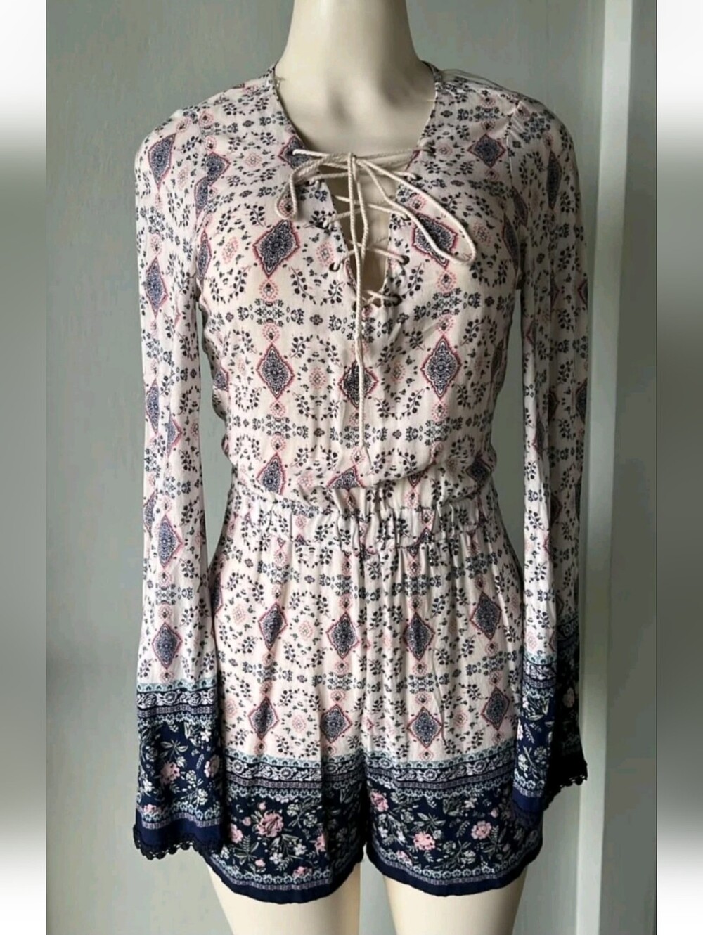 Festival Boho Romper Hippie Fairy Jumper Shorts One Piece Paisley Cream Navy M